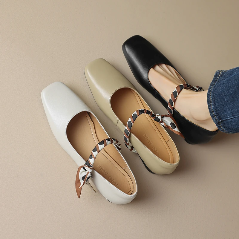 【NICESEE】2cm,夏季新款真皮软底方头浅口单鞋女一字带平底小皮鞋