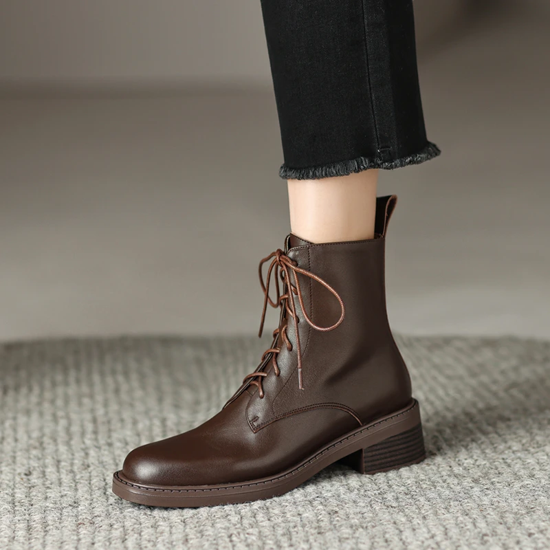 【NICESEE】跟高4cm/尺码34-42/秋冬新款圆头系带头层牛皮马丁靴