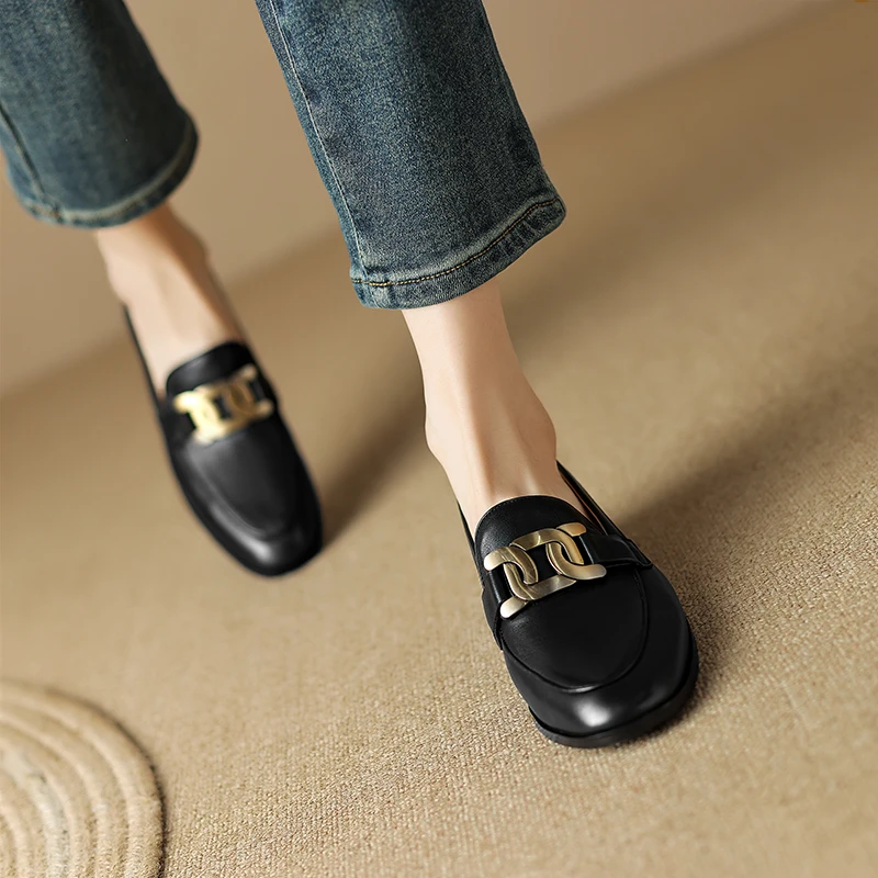 【NICESEE】3cm,2023新款低跟一脚蹬圆头真皮乐福鞋女百搭四季单鞋