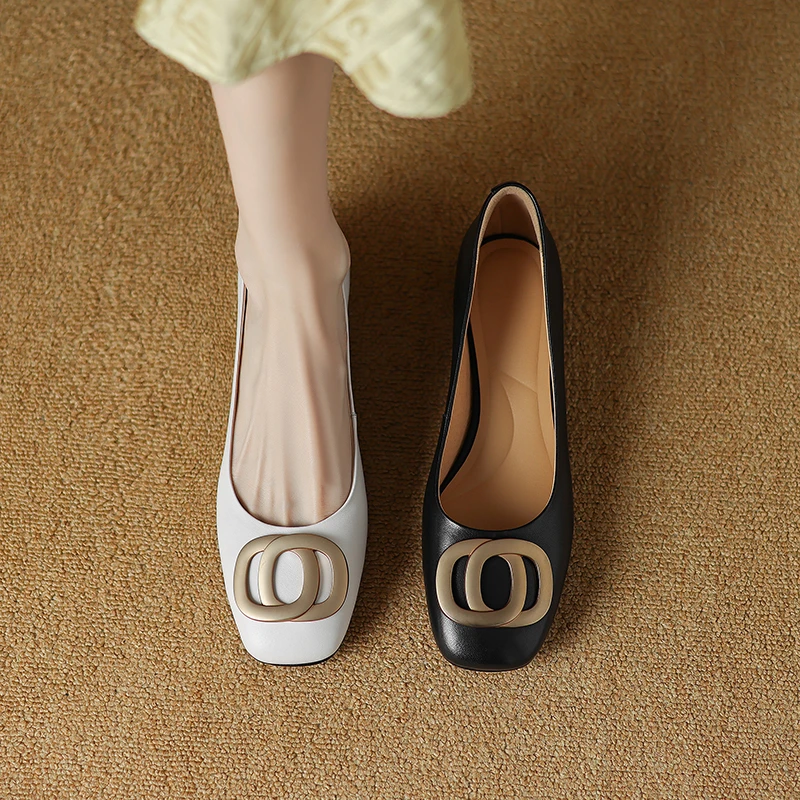 【NICESEE】2.5cm,2024夏季新款真皮粗跟单鞋中跟圆头舒适女鞋