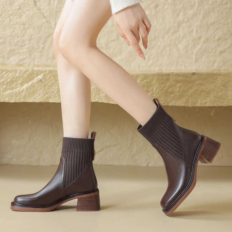 【NICESEE】5cm,2023新款方头厚底粗跟马丁短靴女真皮高跟弹力袜靴