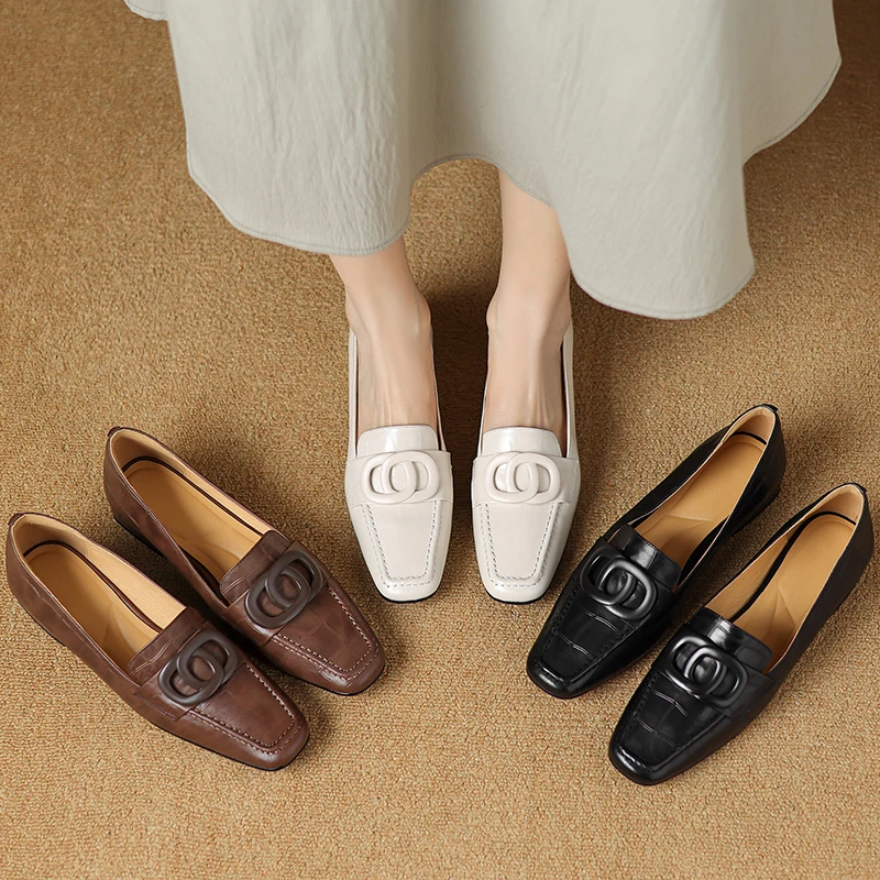 【NICESEE】2.5cm,秋季新款真皮方头粗跟单鞋女低跟一脚蹬乐福鞋