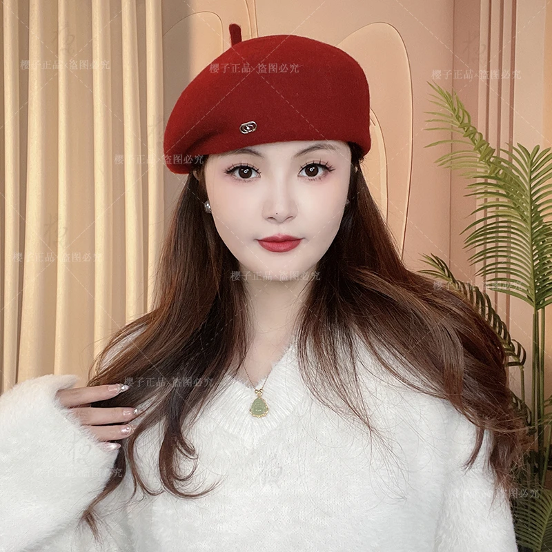 【海棠】秋冬百搭韩版时尚气质网红贝雷帽羊毛女士高端逛街保暖帽子