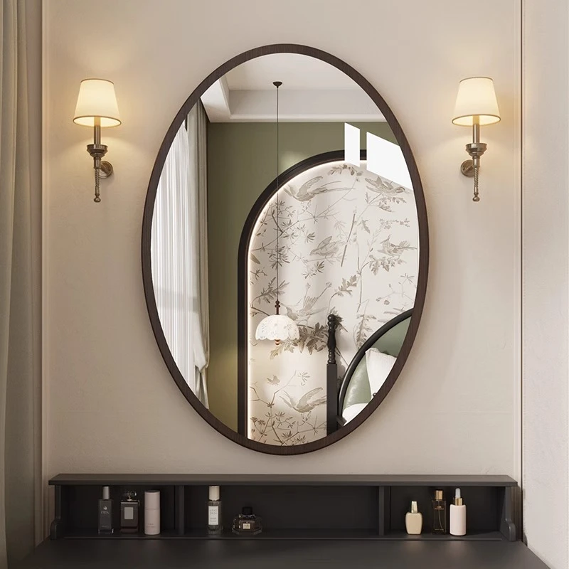 法式复古浴室镜子挂墙式洗手台专用化妆镜贴墙自粘卫生间玻璃圆镜