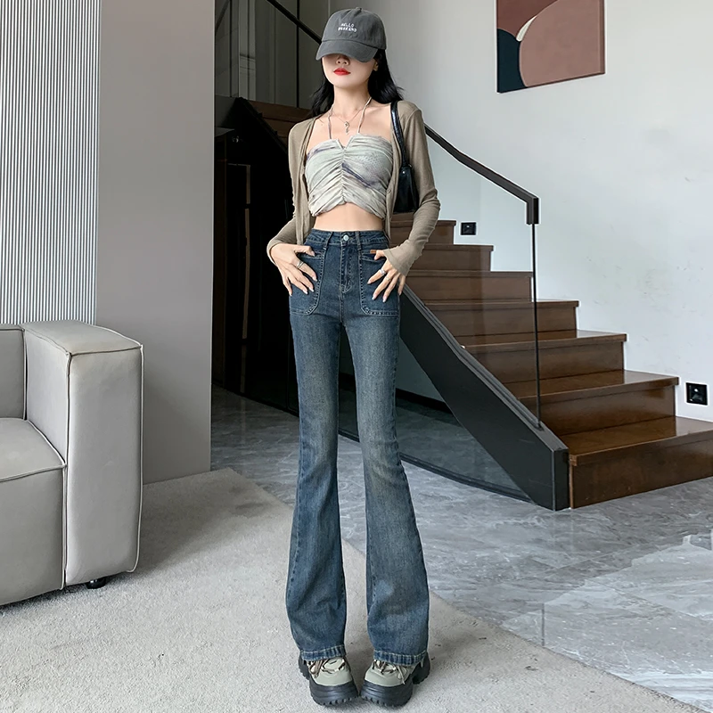 微喇牛仔裤女春秋季2023年新款美式复古高腰显瘦显高马蹄喇叭裤子