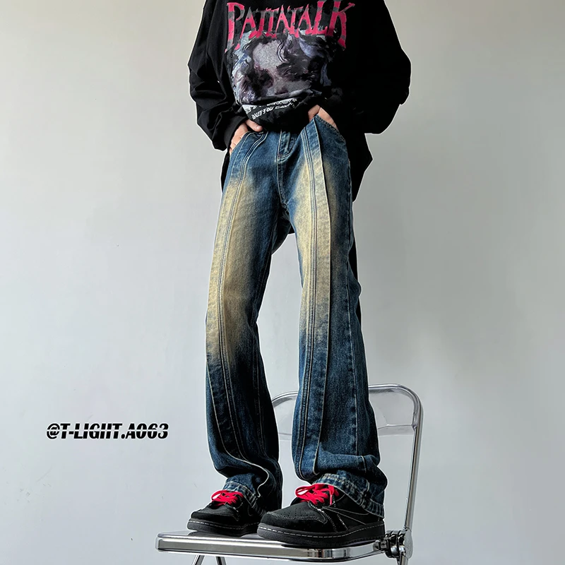 美式vibe高街拼接水洗牛仔裤男春秋设计潮牌宽松直筒阔腿大码裤子