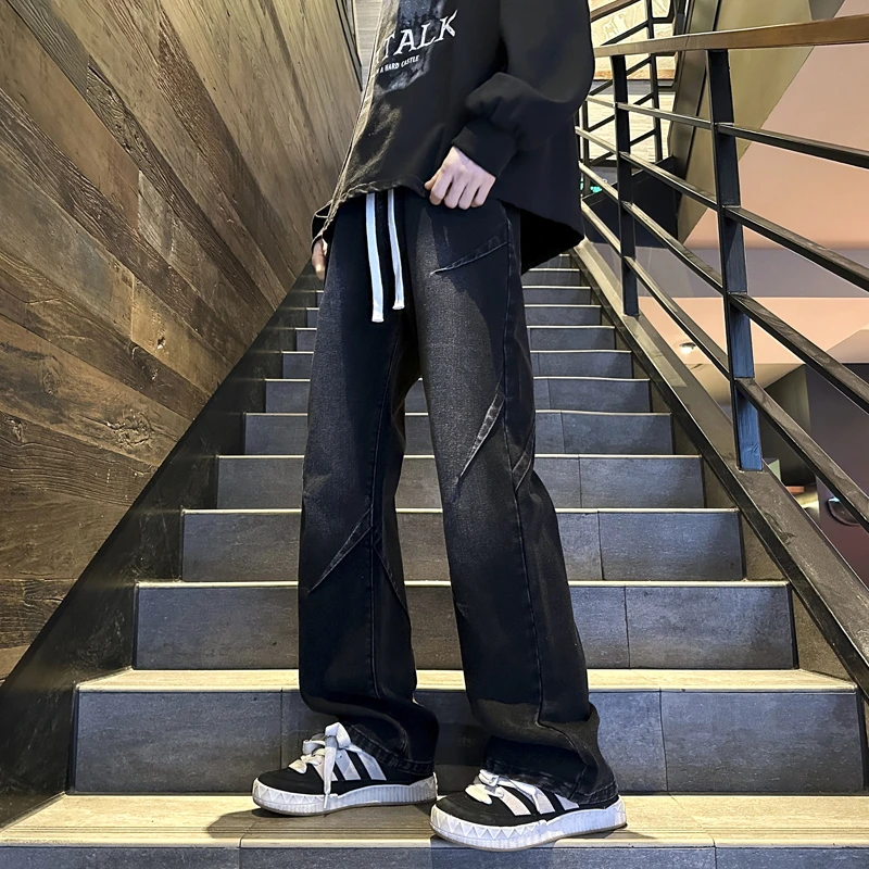 黑色牛仔裤男秋冬美式高街复古阔腿裤春秋款宽松直筒2024新款裤子