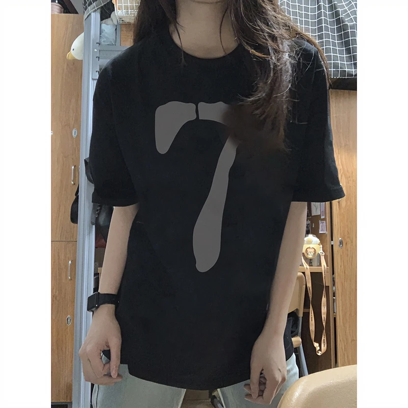 220克纯棉美式印花短袖t恤女夏2023新款宽松显瘦圆领上衣情侣半袖