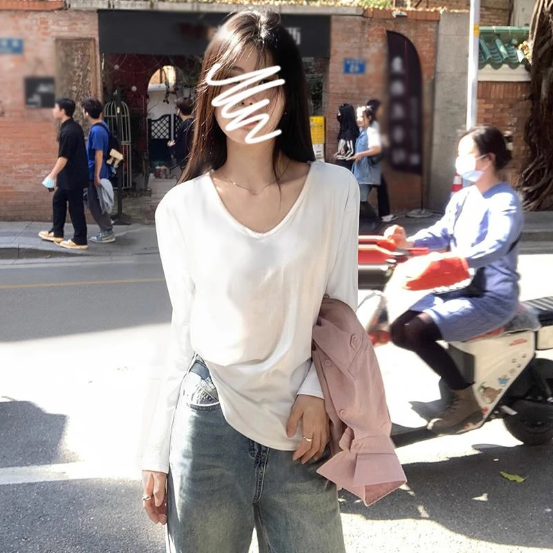 运补【长袖两件装】大V领口宽松显瘦纯色上衣百搭松弛慵懒感T恤衫女