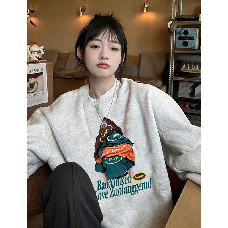 洋气潮流设计感圆领卫衣女白灰百搭宽松长袖秋冬港风上衣