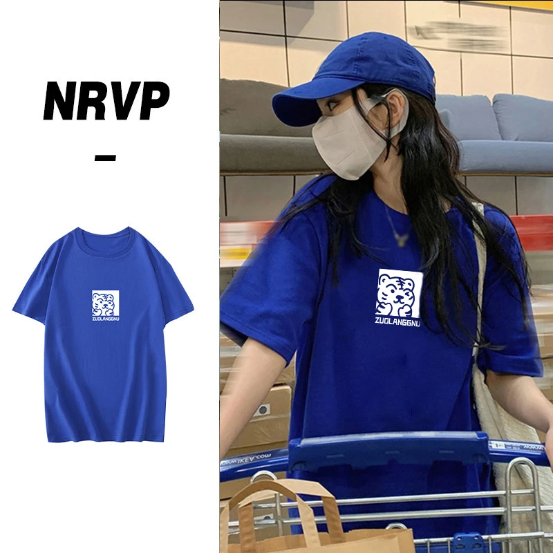 佐朗格奴/220克纯棉卡通小老虎印花短袖t恤女学院风克莱因蓝上衣