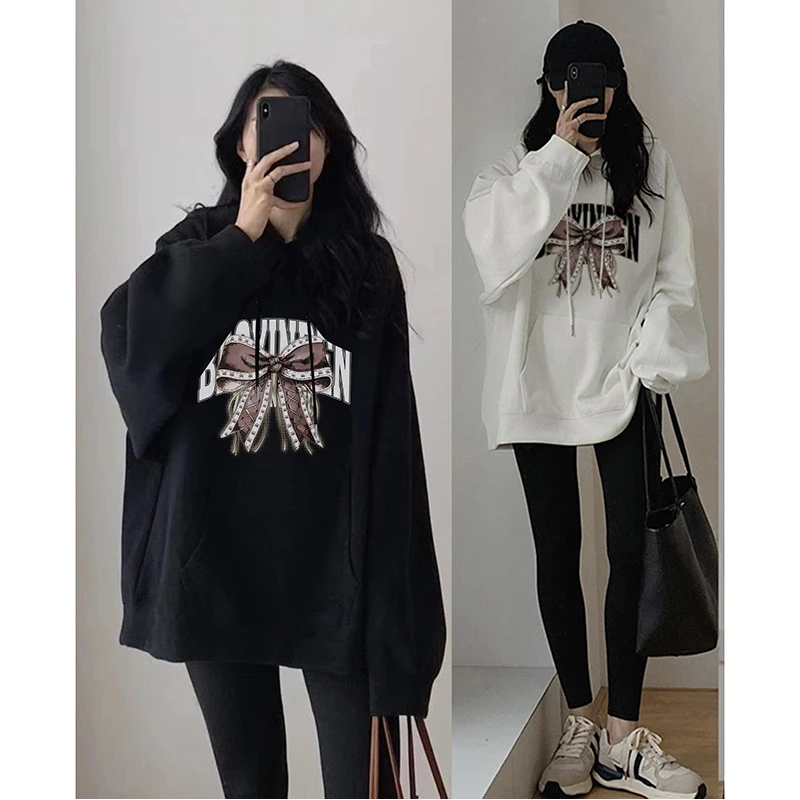 复古时尚连帽卫衣女潮流蝴蝶结高级感宽松长袖加厚款上衣