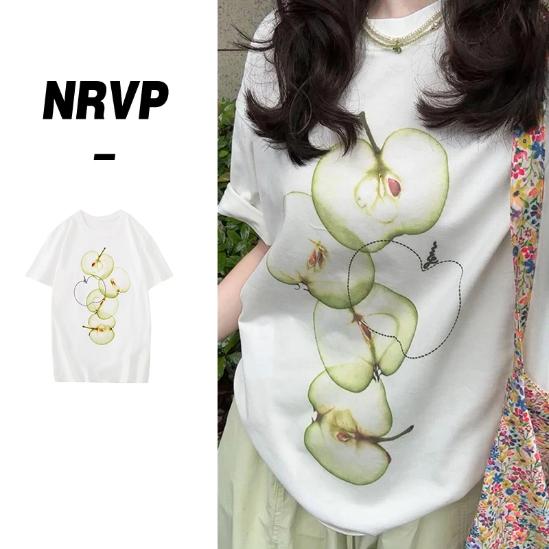 佐朗格奴100%纯棉夏日清新印花短袖宽松显瘦上衣青苹果白色T恤衫