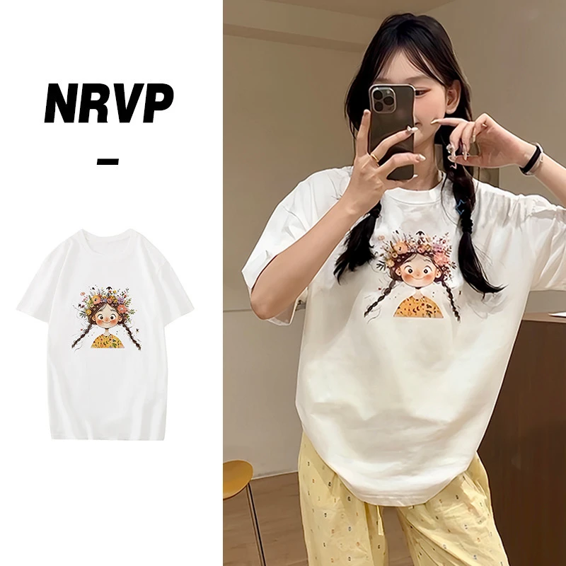 佐朗格奴/100%纯棉休闲韩范短袖小女孩印花时尚慵懒上衣大码t恤衫