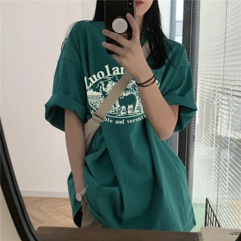 220克纯棉美式复古百搭短袖T恤女2022新款宽松显瘦半袖ins原宿风