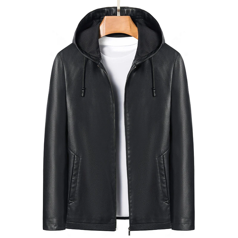 〔海宁优选〕休闲男士商务修身秋季高档连帽皮衣男生皮衣胖子皮衣