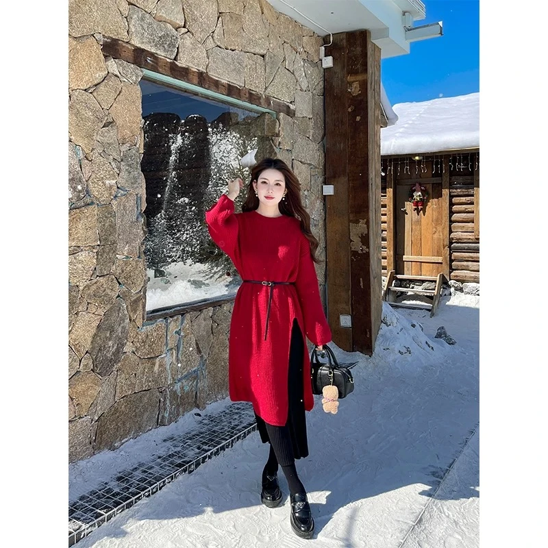 2024秋冬新款过年穿搭圣诞拜年服红色设计开叉收腰连衣裙套装