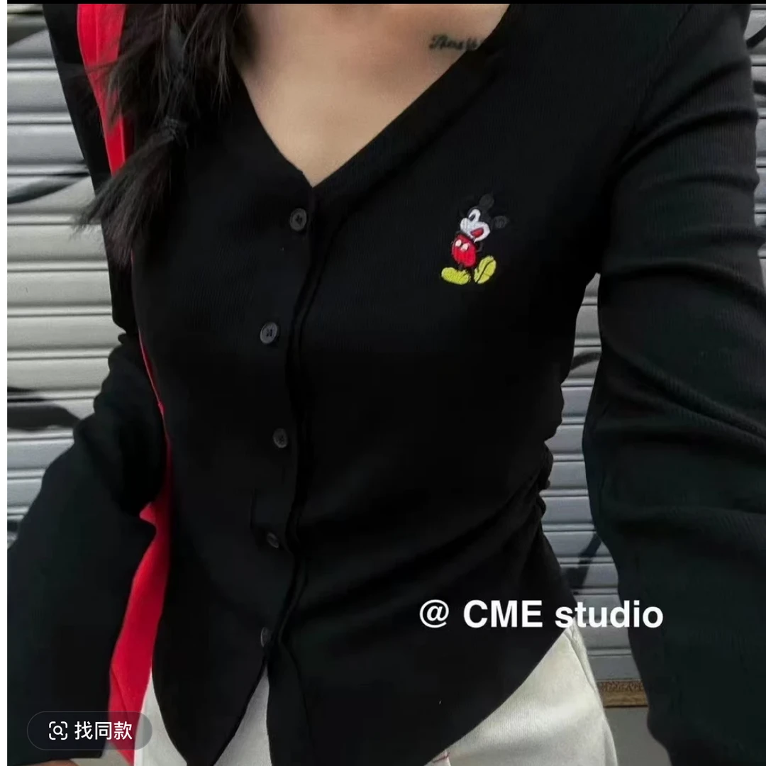 秋季新款韩系V领卡通刺绣短款开衫女修身显瘦减龄上衣