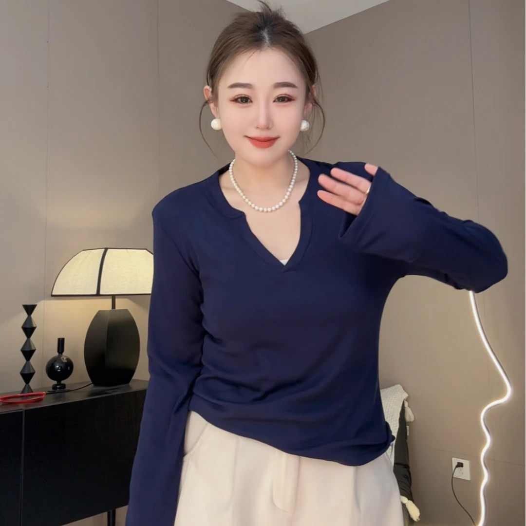 【双面绒】长袖T恤女装冬季性感辣妹V领打底衫内搭小众黑色修身上衣