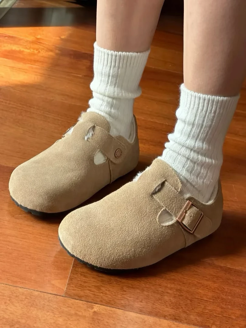 冬季新款加绒全包跟鞋潮流翻毛皮