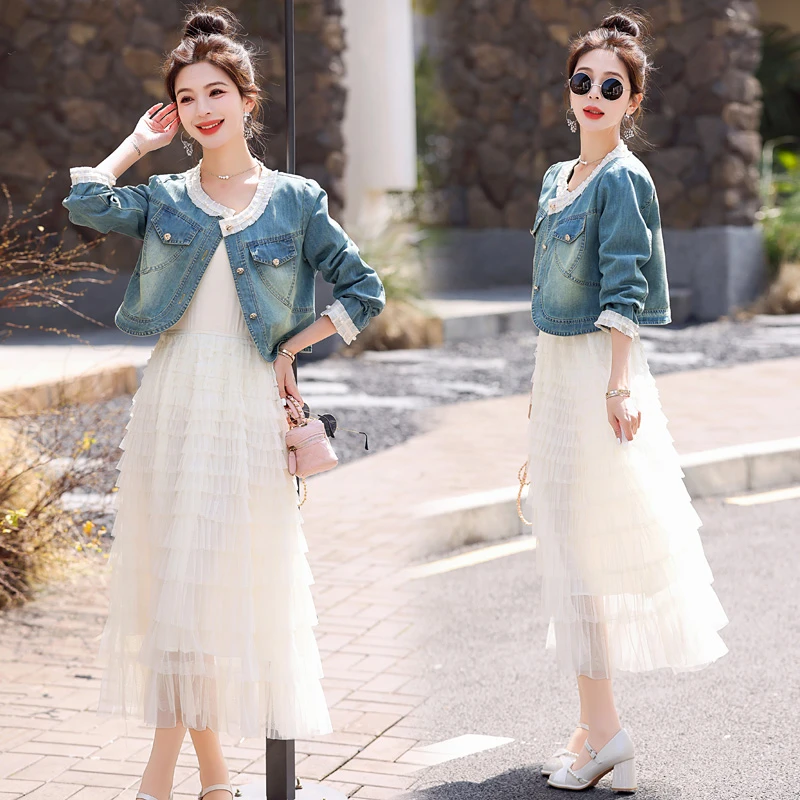 2024春夏季新款女法式复古高级感牛仔外套洋气蛋糕网纱连衣裙套装