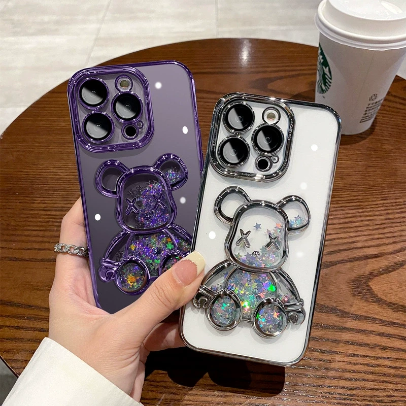 网红流沙小熊镜头膜手机壳iphone14promax/13/苹果12紫色创意个性