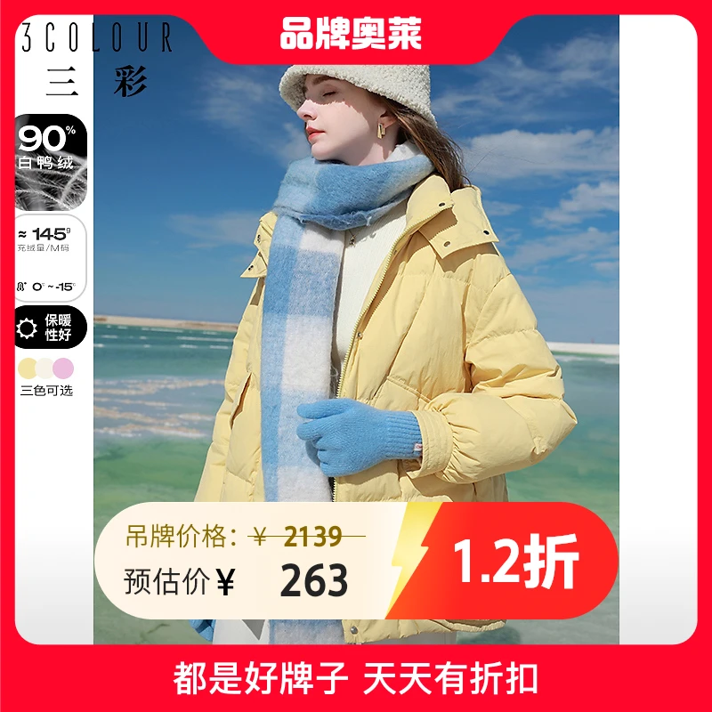 三彩2023冬季新款纯色羽绒服立领连帽白鸭绒外套宽松面包服女