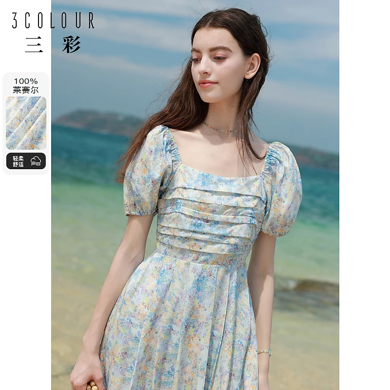 三彩独醒2024夏季新款莱赛尔碎花裙法式泡泡袖收腰A字裙度假女F