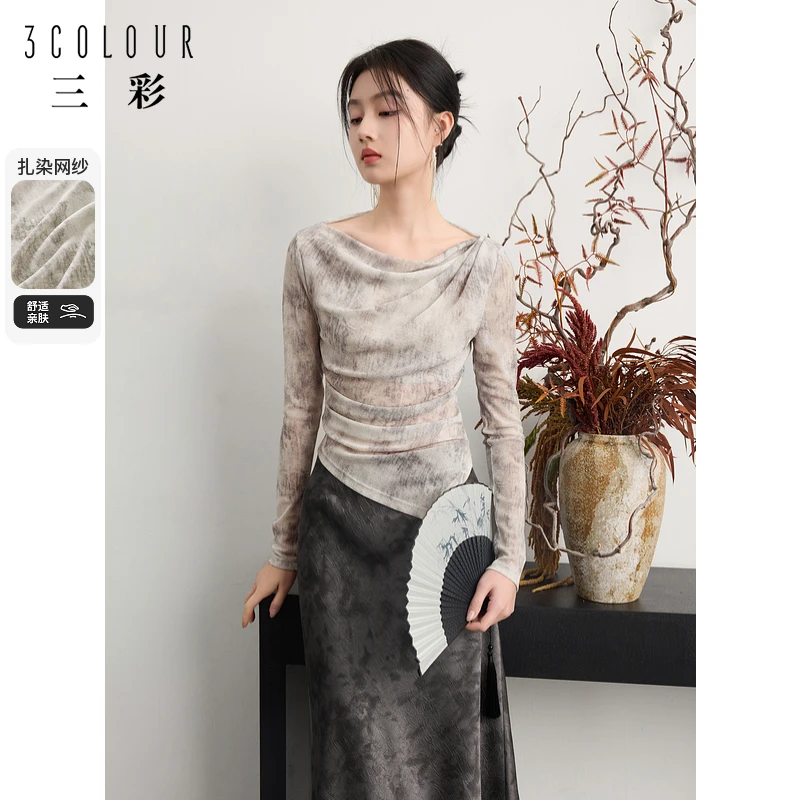 三彩2024秋季新款一字领修身短款长袖T恤扎染网纱皮肤衣打底衫女C
