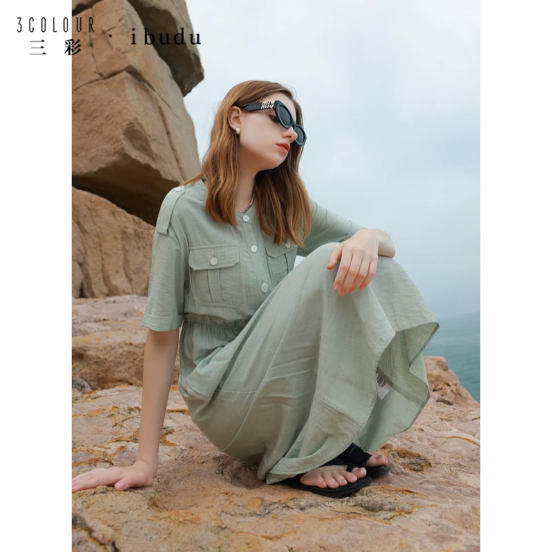 三彩ibudu2024秋季新款宽松松紧腰休闲工装口袋连衣裙短袖长裙