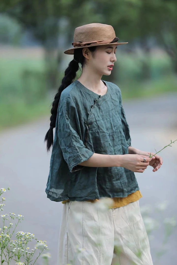 荼33355斜襟苎麻做旧套头衬衫