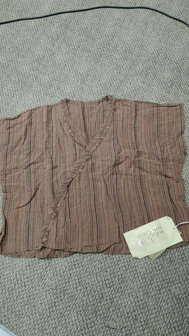 古澜木188625复古条纹亚麻V领宽松衬衫