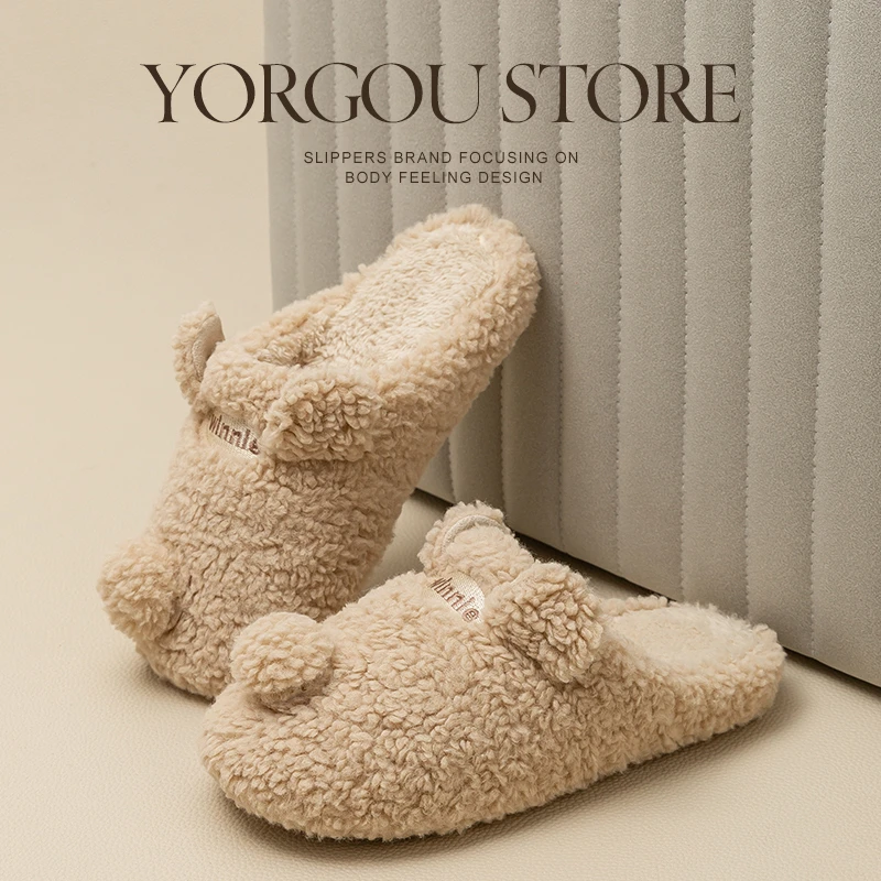 仿泰迪毛绒情侣加厚棉拖鞋女士男士秋冬加绒室内厚底保暖冬天家用
