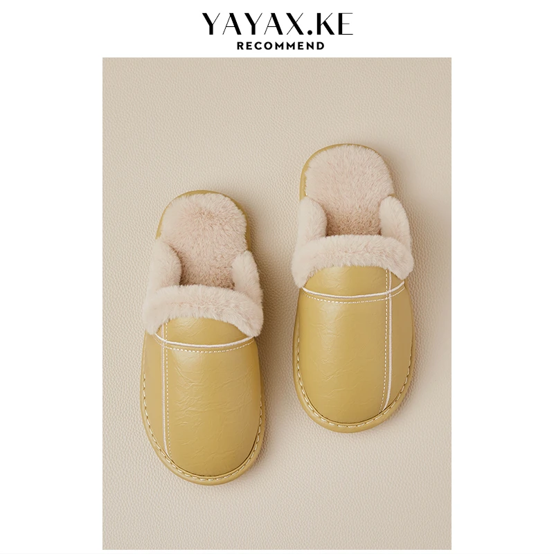 防水PU皮棉拖鞋女冬季居家室内情侣家用毛绒保暖防滑牛筋底拖鞋男