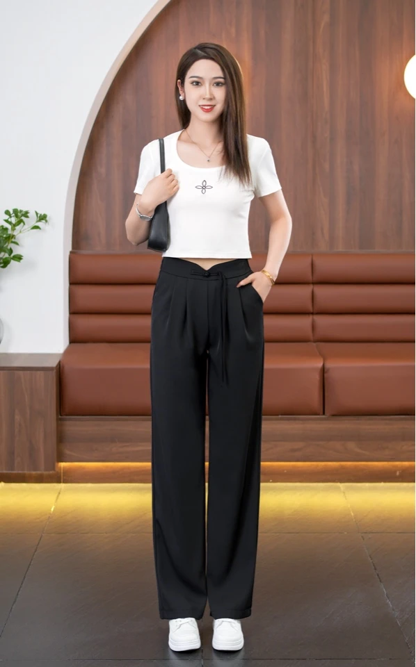 夏季春夏宽松气质垂感薄款显瘦休闲冰丝时尚高腰直筒阔腿裤裤子