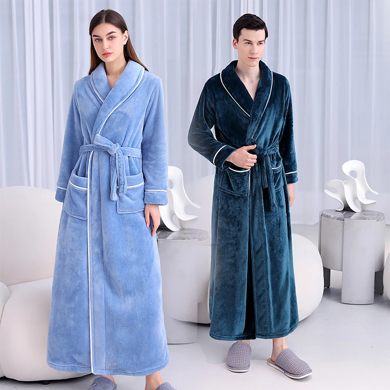 镶边款睡袍女双面绒加厚加长到脚脖子男士宽松大码睡衣一体式浴袍