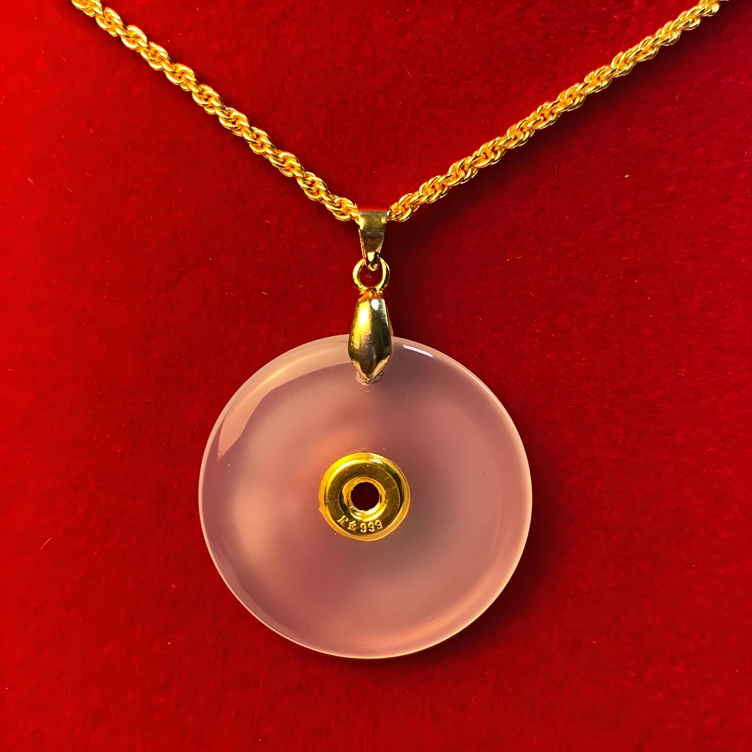 足金黄金真金镶嵌玉髓平安扣吊坠--赠礼盒-XT