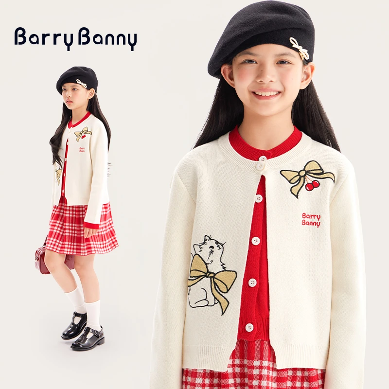 Barry Banny女童蝴蝶结小猫套装秋冬新款假两件开衫毛衣保暖针织