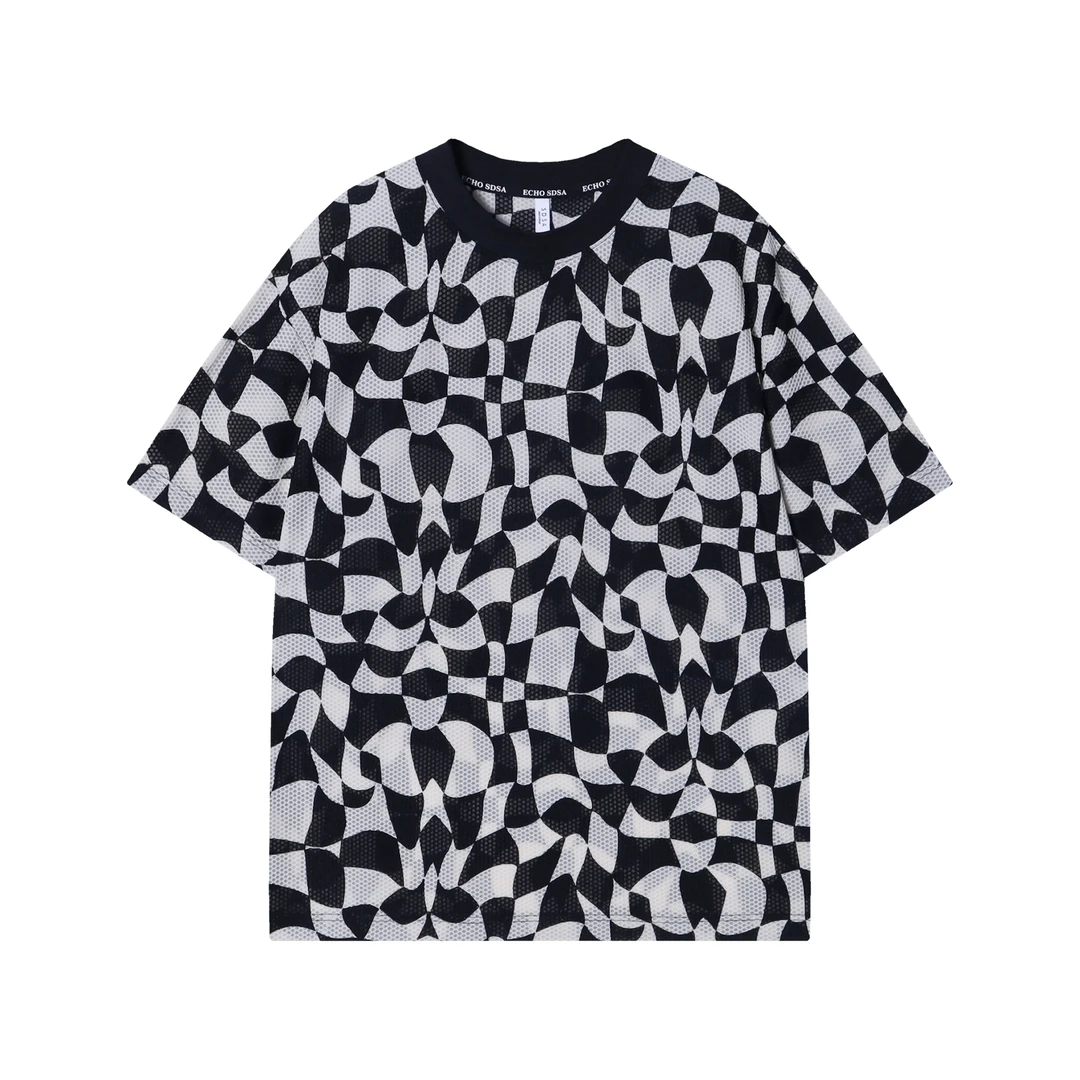 T1469新款时尚黑白格印花男士短袖潮流小众休闲上衣宽松街头T恤