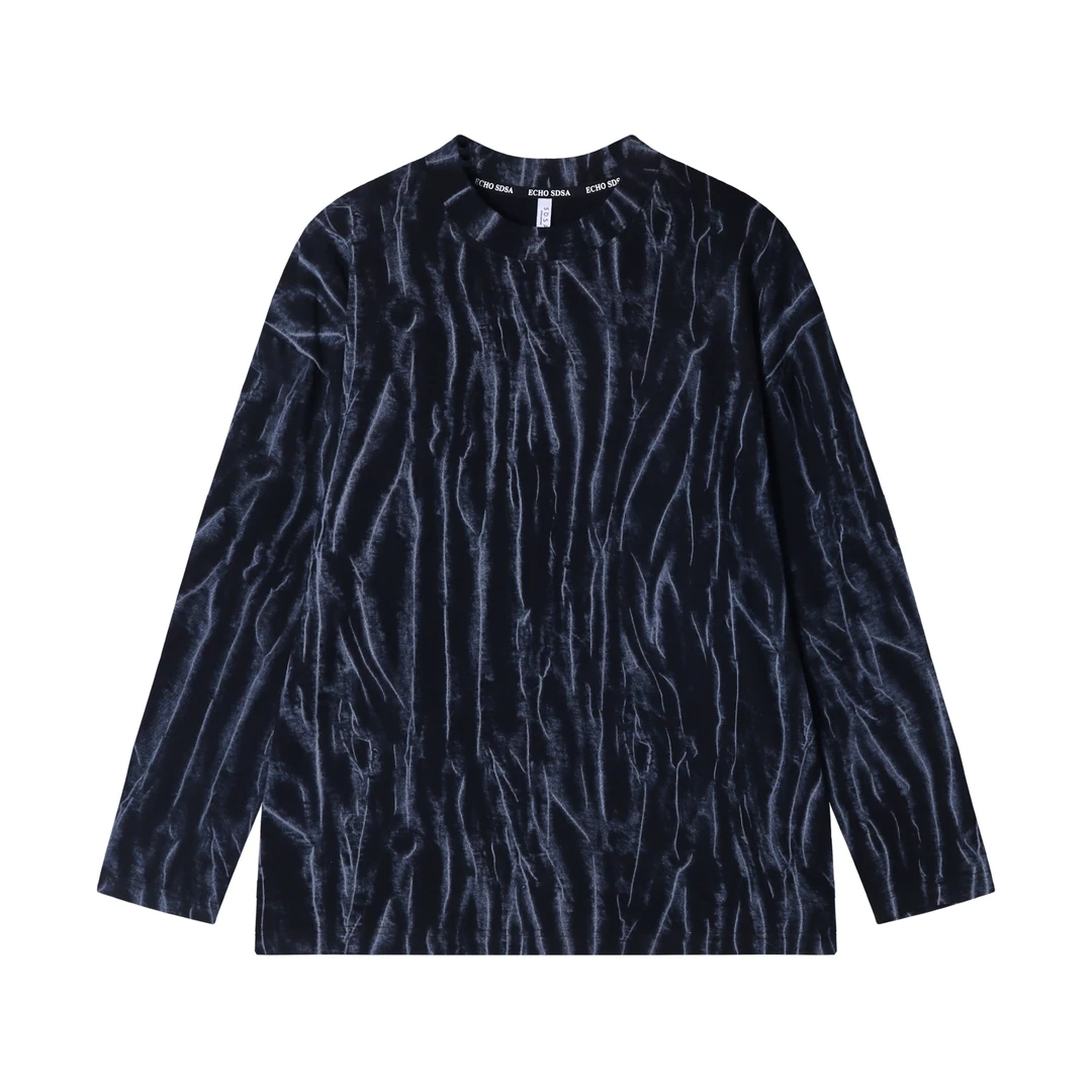 T1851时尚个性肌理纹晕染圆领套头长袖T恤休闲百搭潮流上衣