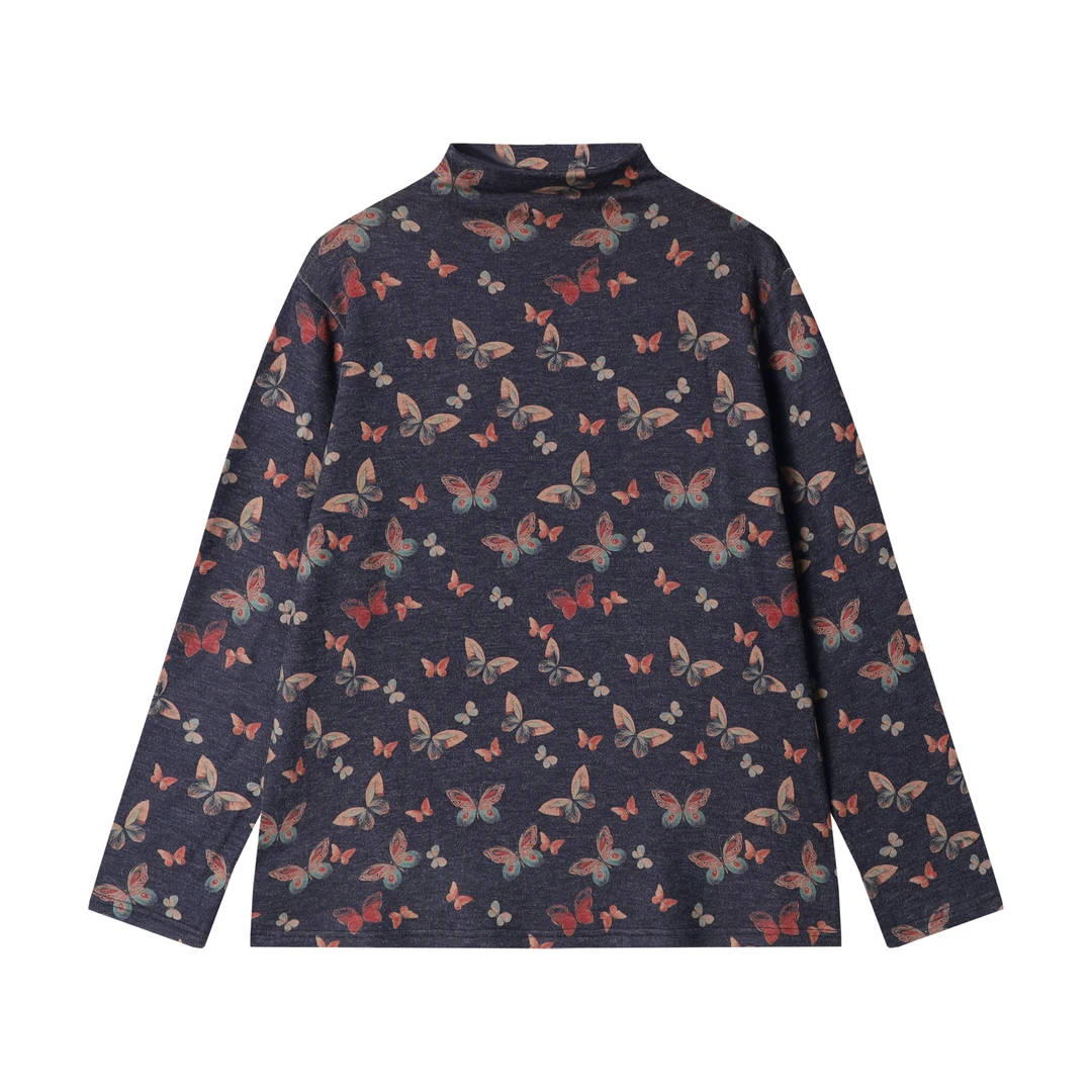 时尚个性炫彩满印蝴蝶半高领长袖T恤休闲百搭打底衫T1966