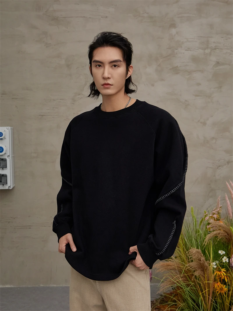 WY139新款插肩袖黑色装饰线解构时尚卫衣韩版宽松百搭圆领上衣