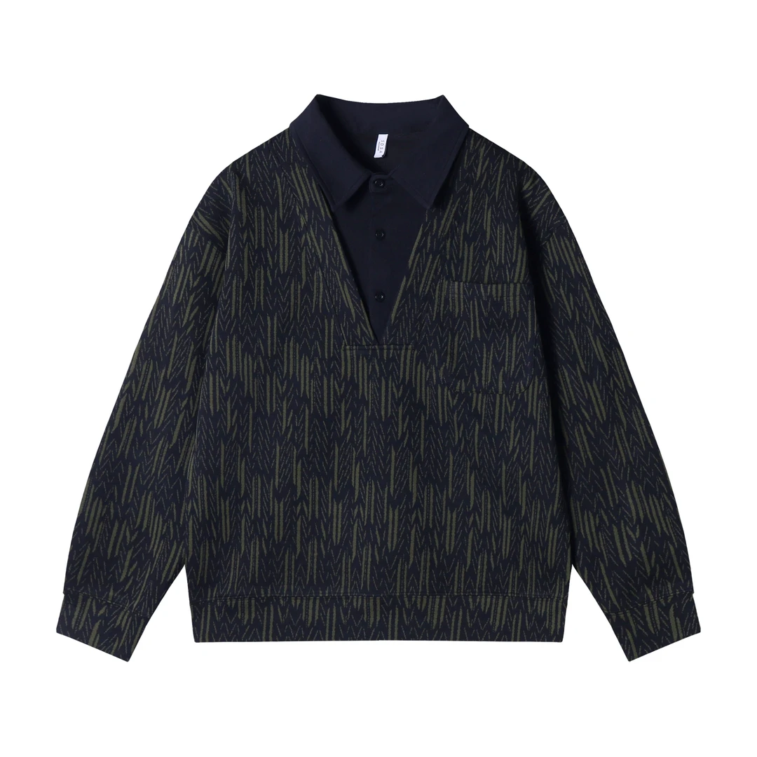 WY355秋冬季美式高街撞色假两件翻领卫衣时尚百搭复古宽松上衣