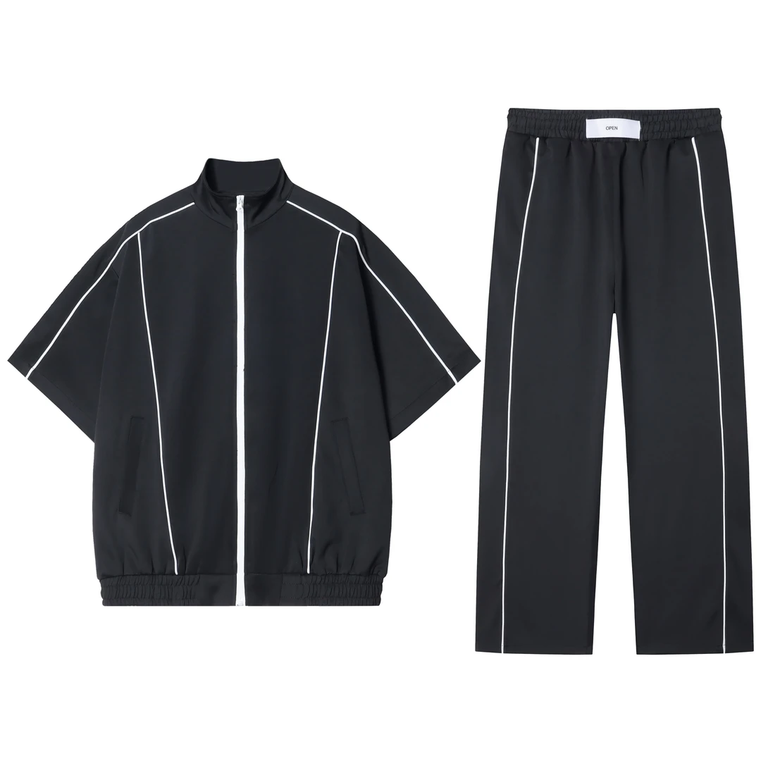 24722潮流拼接男女情侣同款套装时尚拉链设计短袖宽松直筒裤子