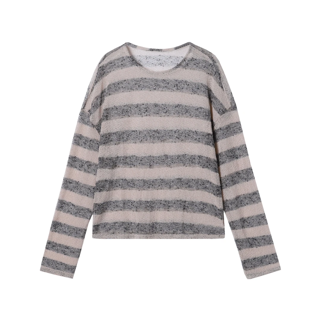 T1471新款时尚针织镂空条纹男士上衣潮流小众百搭长袖宽松复古T恤