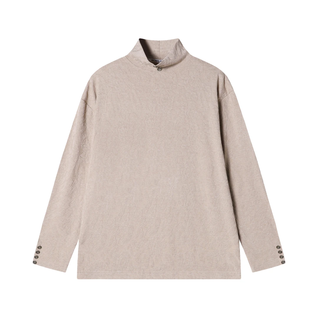 T1846时尚个性纯色提花立领套头长袖T恤休闲百搭舒适上衣潮