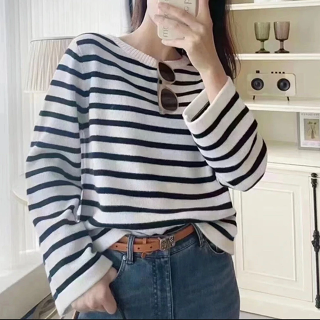 阿玛施 条纹羊绒针织毛衣5399541  韩版圆领套头休闲慵懒长袖百搭