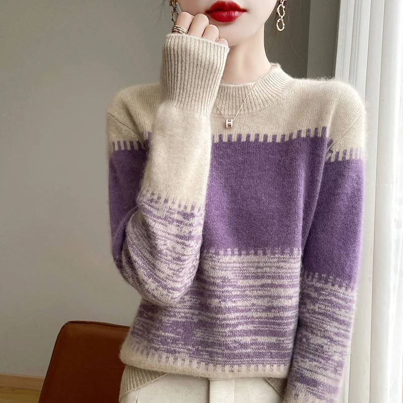 品牌时尚女装秋冬新款时尚羊毛针织衫圆领长袖百搭拼色内搭毛衣