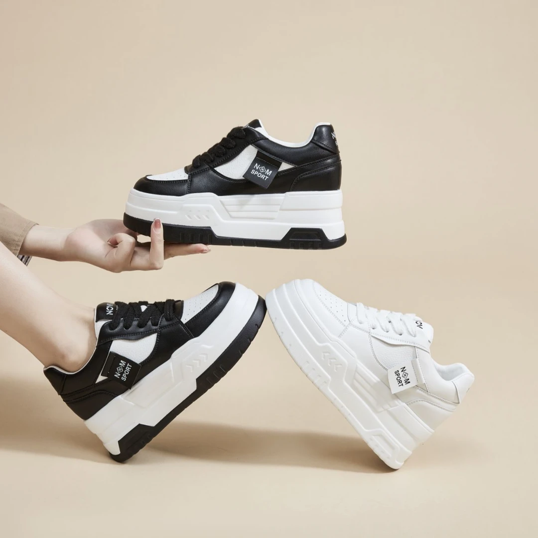 跟高7CM2024新款真皮女鞋内增高小白鞋女时尚百搭厚底休闲小板鞋