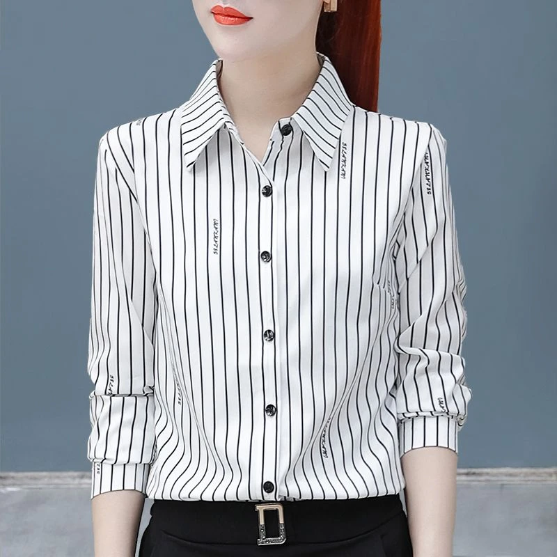 加绒条纹衬衫女长袖秋新款气质衬衣职业装雪纺衫妈妈百搭打底衫